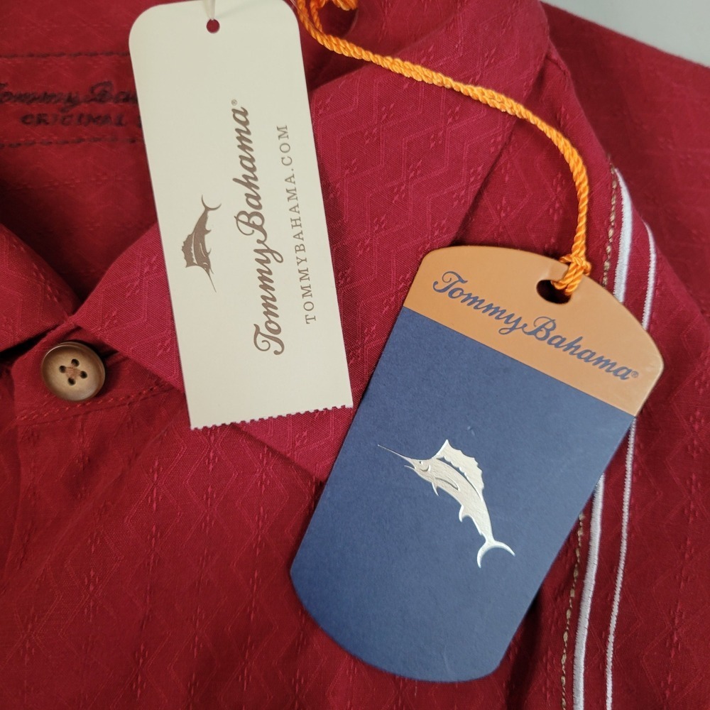 Tommy Bahama Blue Fin Lounge Silk Camp Shirt Red Playing Cards Marlin Mens L NEW - Picture 9 of 10